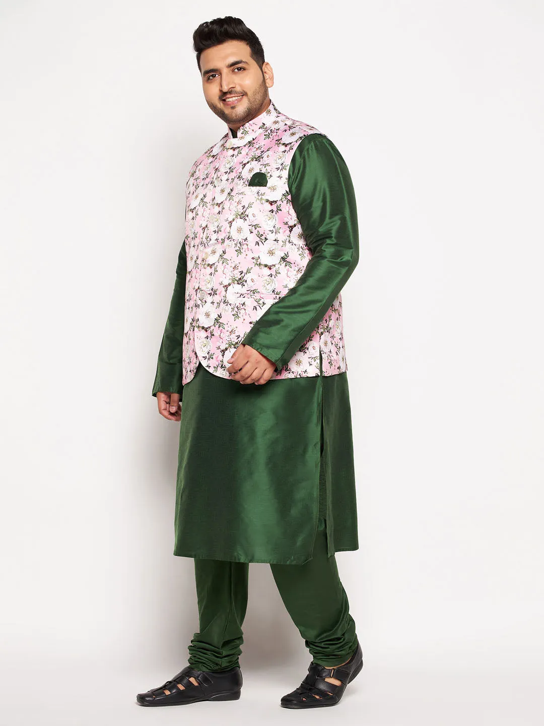 Jashvi Men's Plus Size Pink Floral printed Jacket With Viscose Green Solid Kurta Pyjama Set