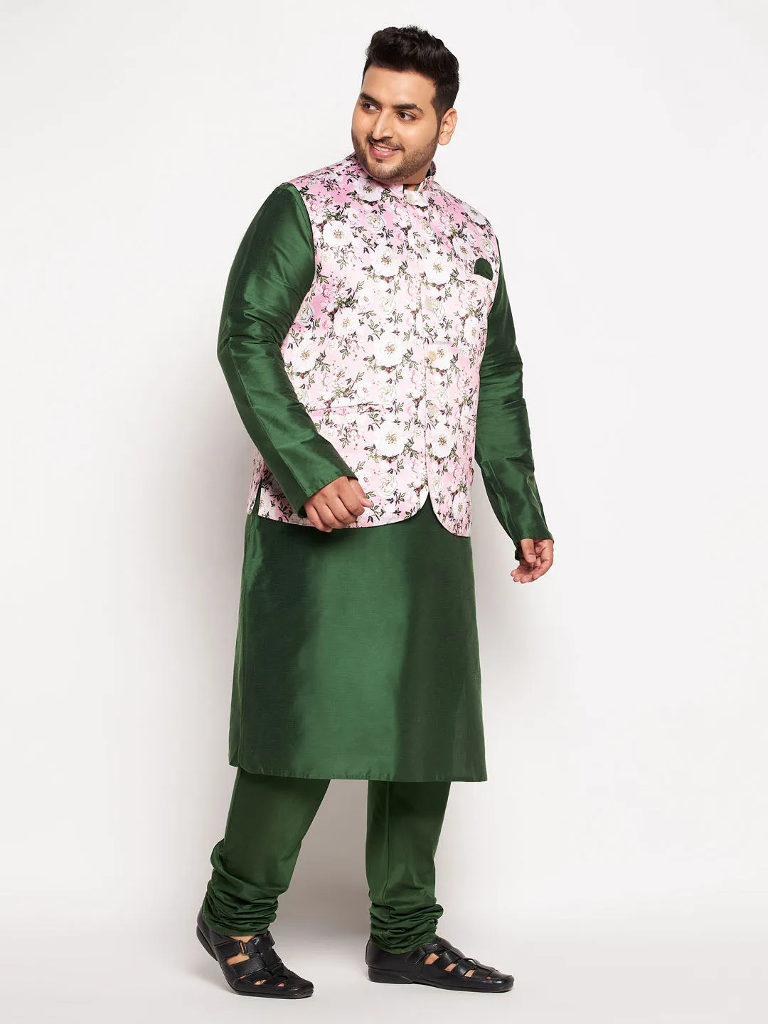 Jashvi Men's Plus Size Pink Floral printed Jacket With Viscose Green Solid Kurta Pyjama Set