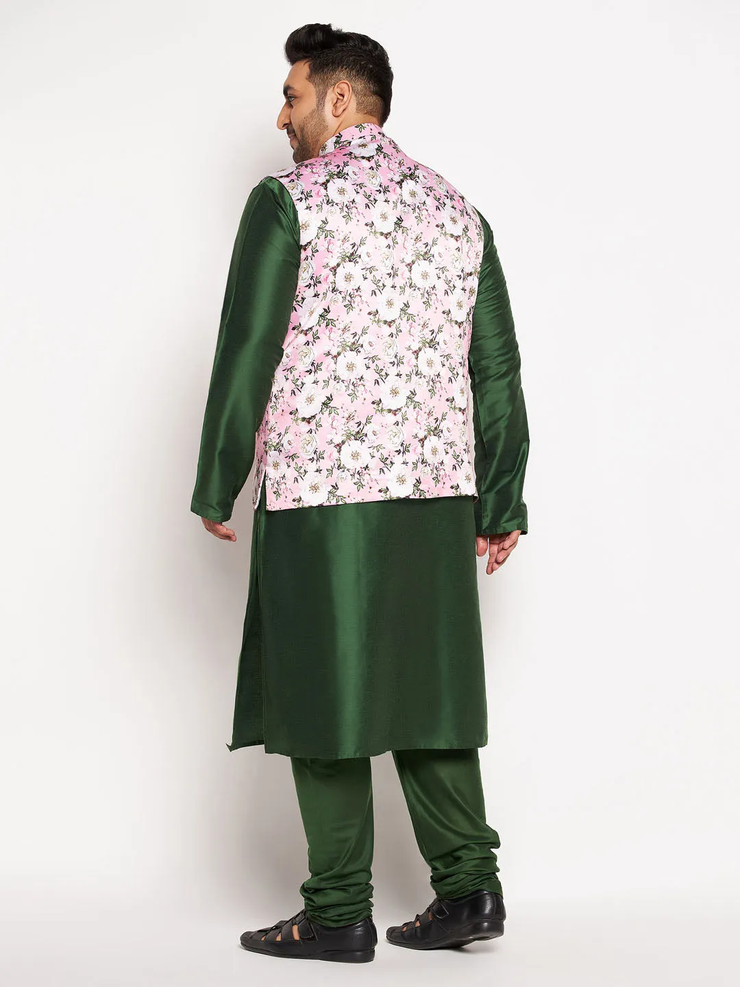 Jashvi Men's Plus Size Pink Floral printed Jacket With Viscose Green Solid Kurta Pyjama Set