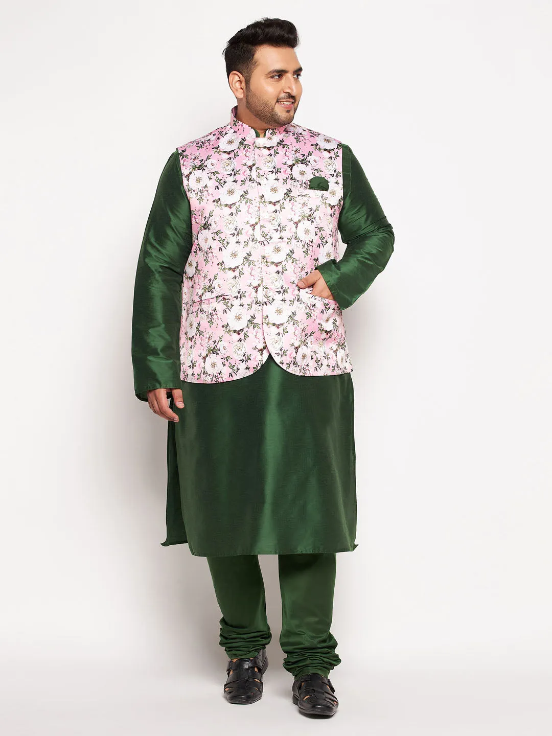 Jashvi Men's Plus Size Pink Floral printed Jacket With Viscose Green Solid Kurta Pyjama Set