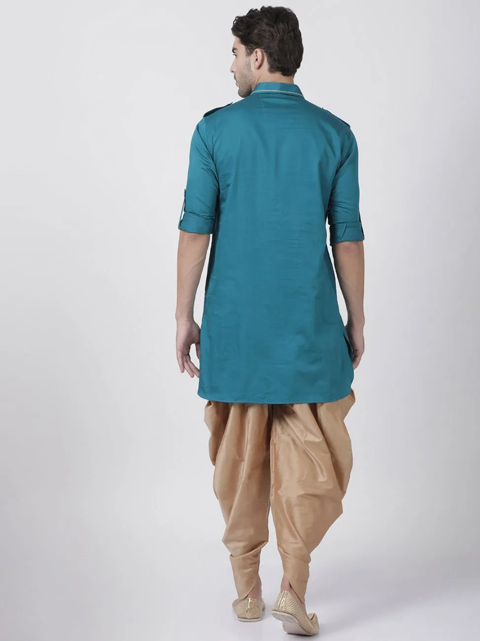 Jashvi Men's Turquoise Cotton Blend Pathani Suit Set