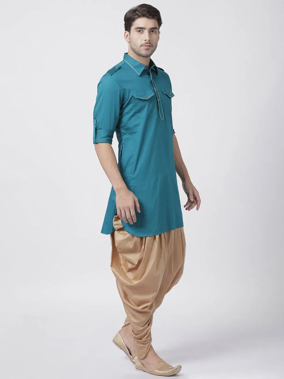 Jashvi Men's Turquoise Cotton Blend Pathani Suit Set