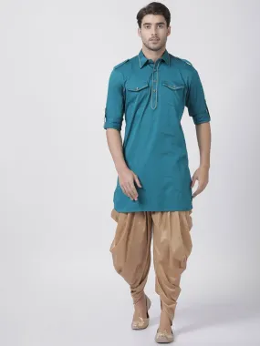 Jashvi Men's Turquoise Cotton Blend Pathani Suit Set