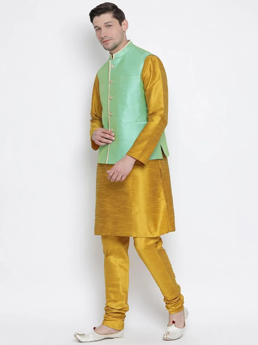 Jashvi Men's Yellow Cotton Silk Blend Kurta, Nehru Jacket and Pyjama Set