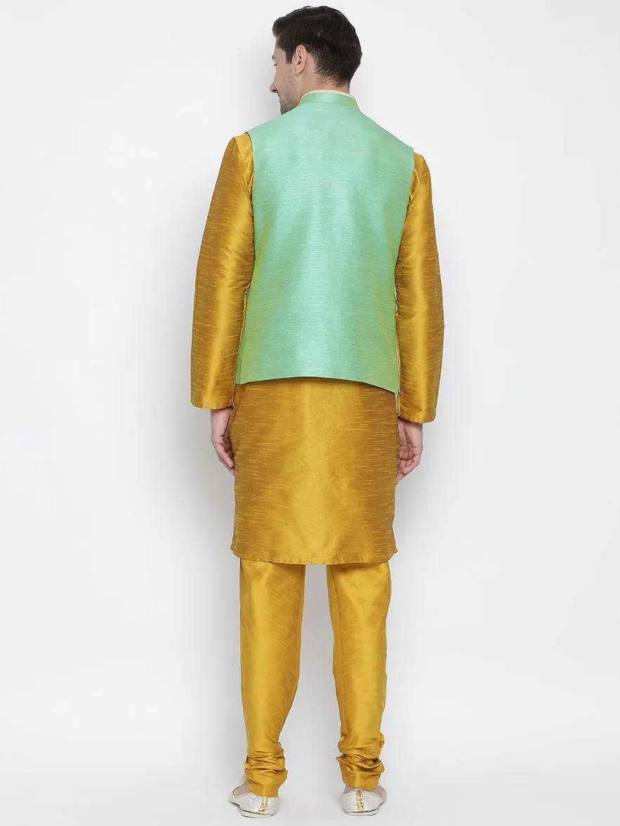 Jashvi Men's Yellow Cotton Silk Blend Kurta, Nehru Jacket and Pyjama Set