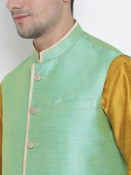 Jashvi Men's Yellow Cotton Silk Blend Kurta, Nehru Jacket and Pyjama Set