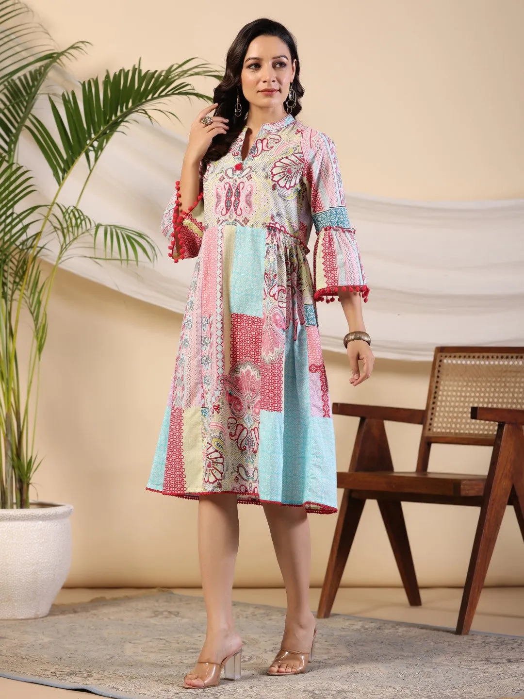 Jashvi Multi-Colour Ethnic Motif Printed Pure Cotton Midi Dress With Sequined Work