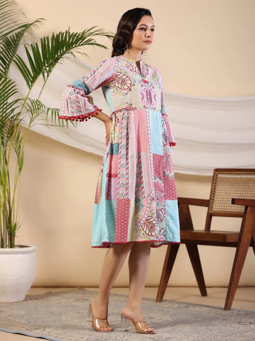 Jashvi Multi-Colour Ethnic Motif Printed Pure Cotton Midi Dress With Sequined Work