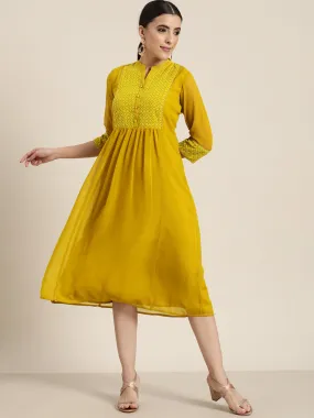 Jashvi Mustard Georgette Lacy Midi Dress With Yoke Embroidery & Show Buttons