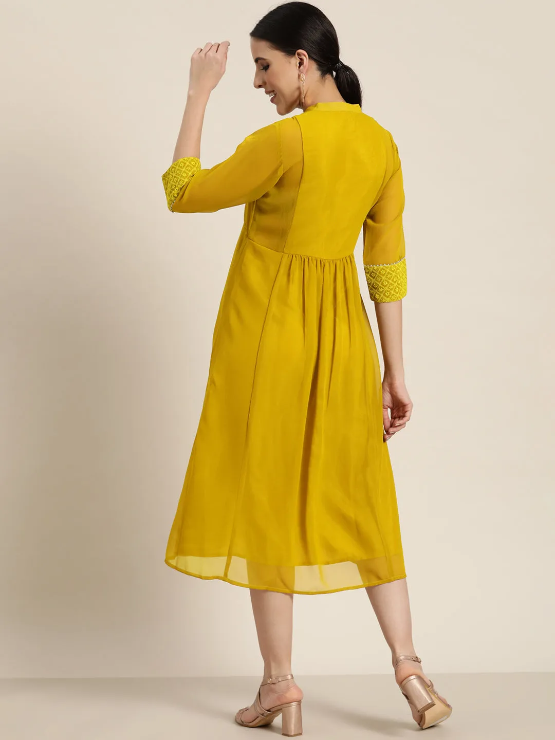 Jashvi Mustard Georgette Lacy Midi Dress With Yoke Embroidery & Show Buttons