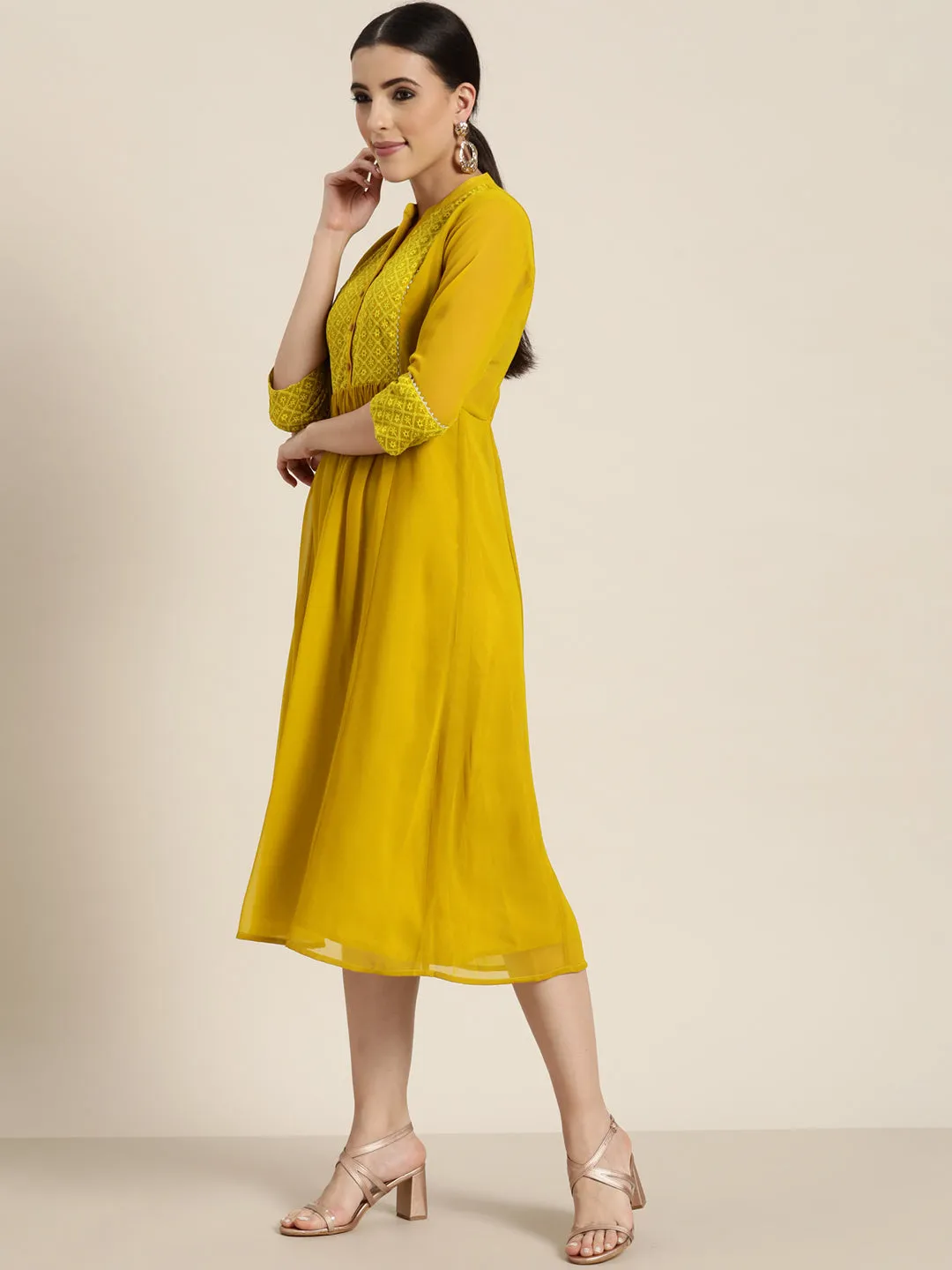 Jashvi Mustard Georgette Lacy Midi Dress With Yoke Embroidery & Show Buttons