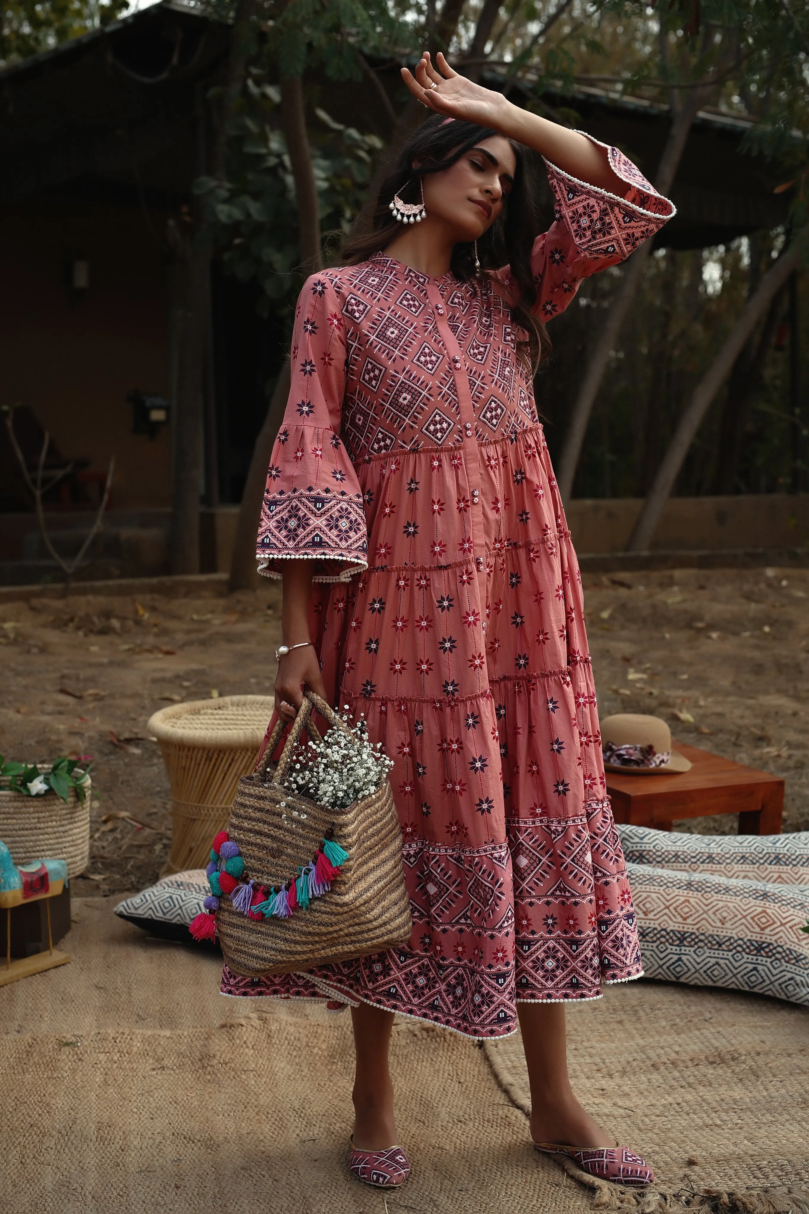 Jashvi Peach Geometric Printed Pure Cotton Tiered Maxi Dress.