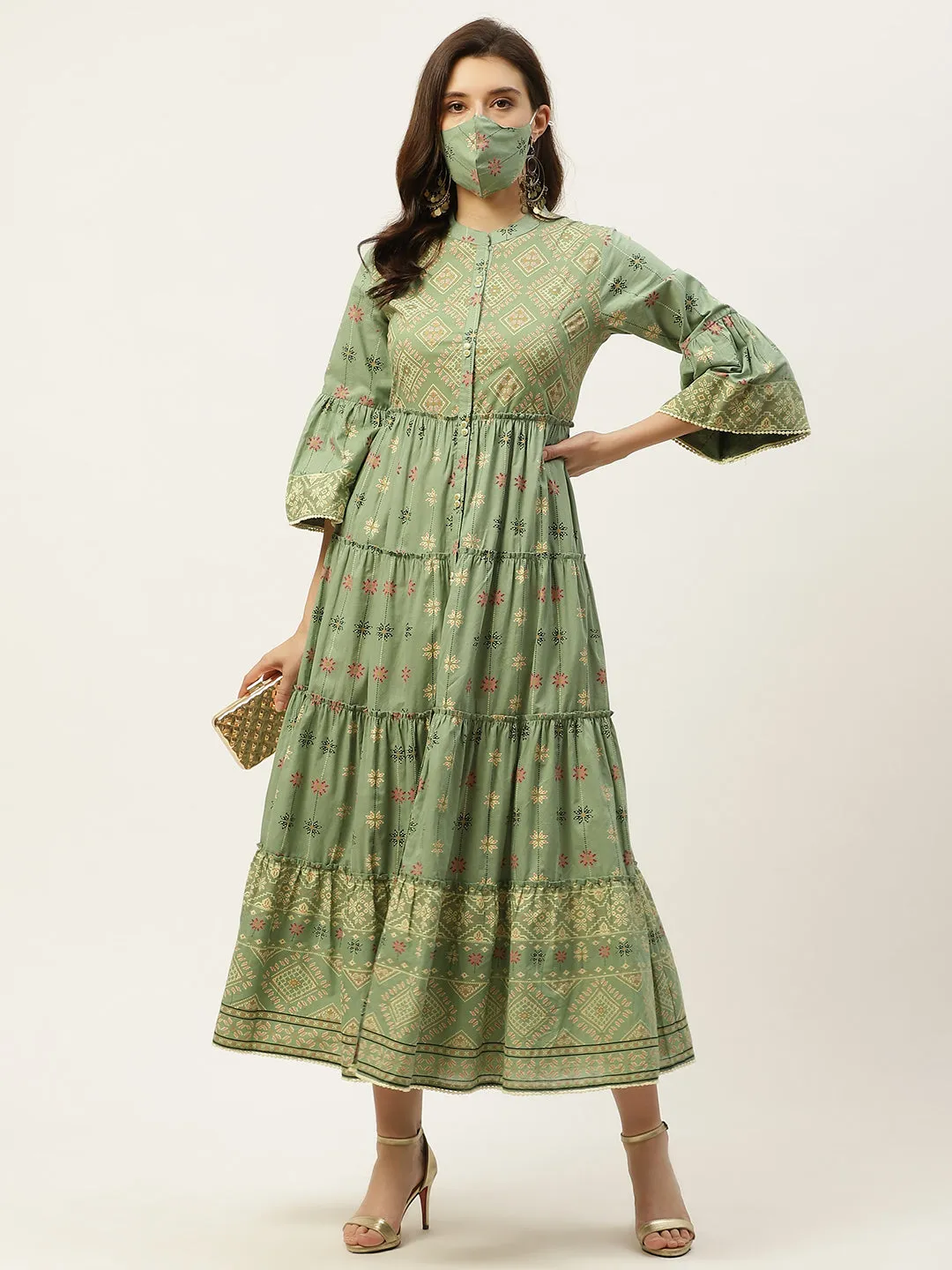 Jashvi Pista Green Geometric Printed Pure Cotton Tiered Maxi Dress.