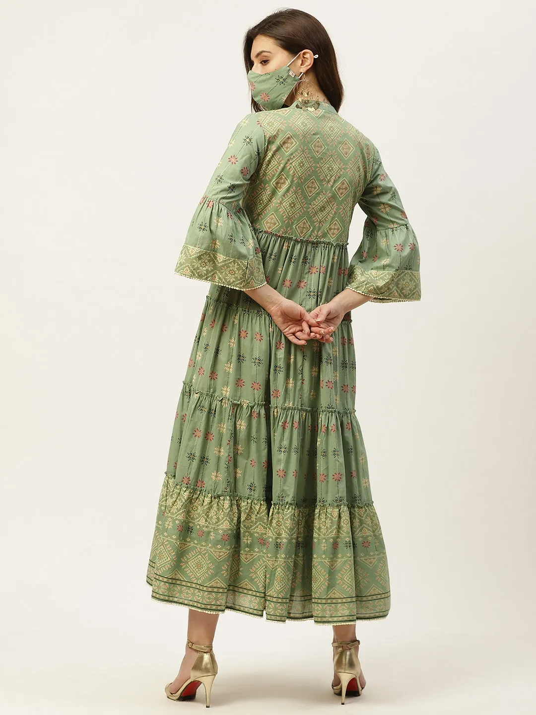 Jashvi Pista Green Geometric Printed Pure Cotton Tiered Maxi Dress.