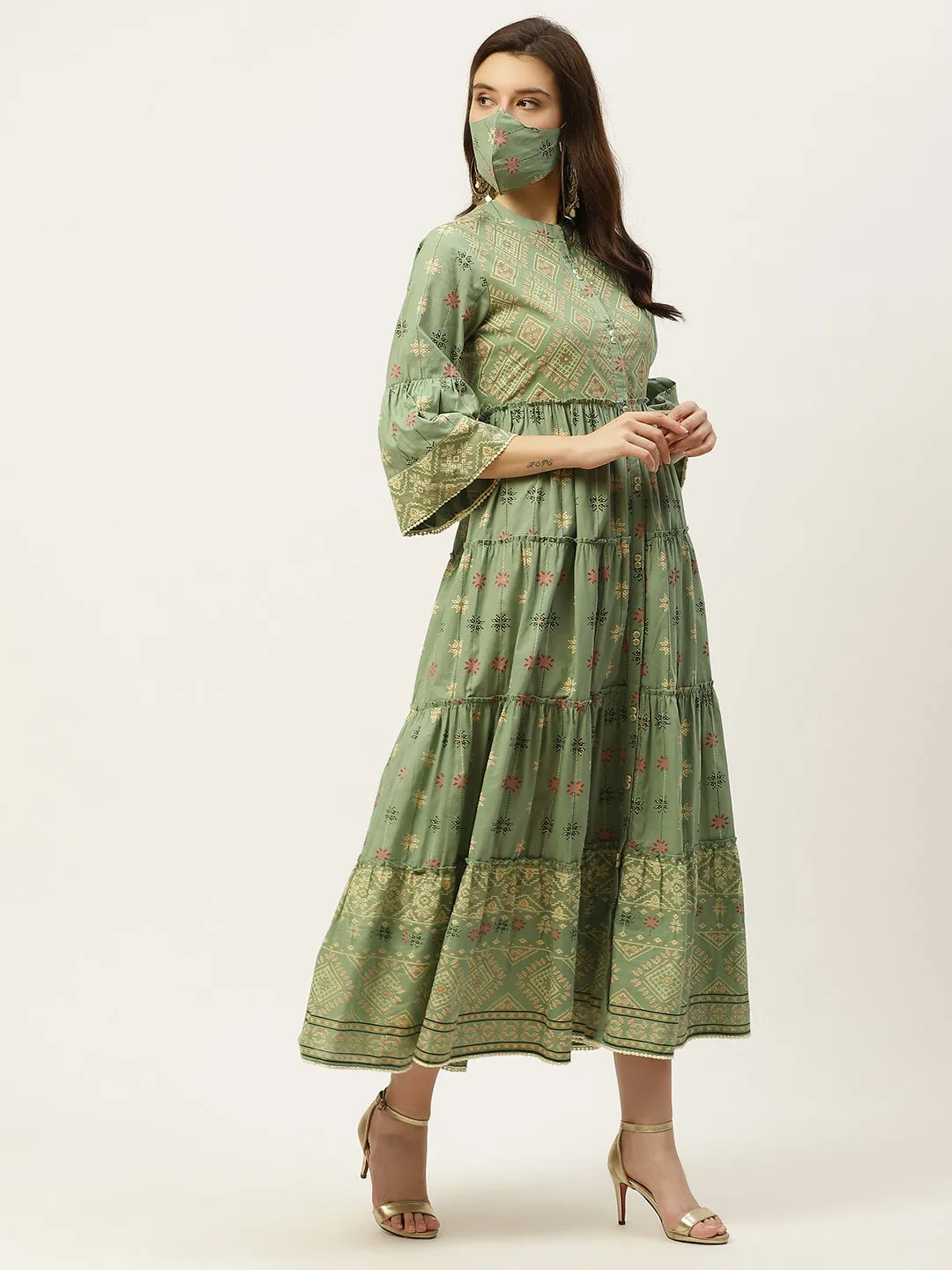 Jashvi Pista Green Geometric Printed Pure Cotton Tiered Maxi Dress.