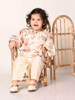 Jashvi SISHU Girls Cream Floral Print Kurta Pyjama Set