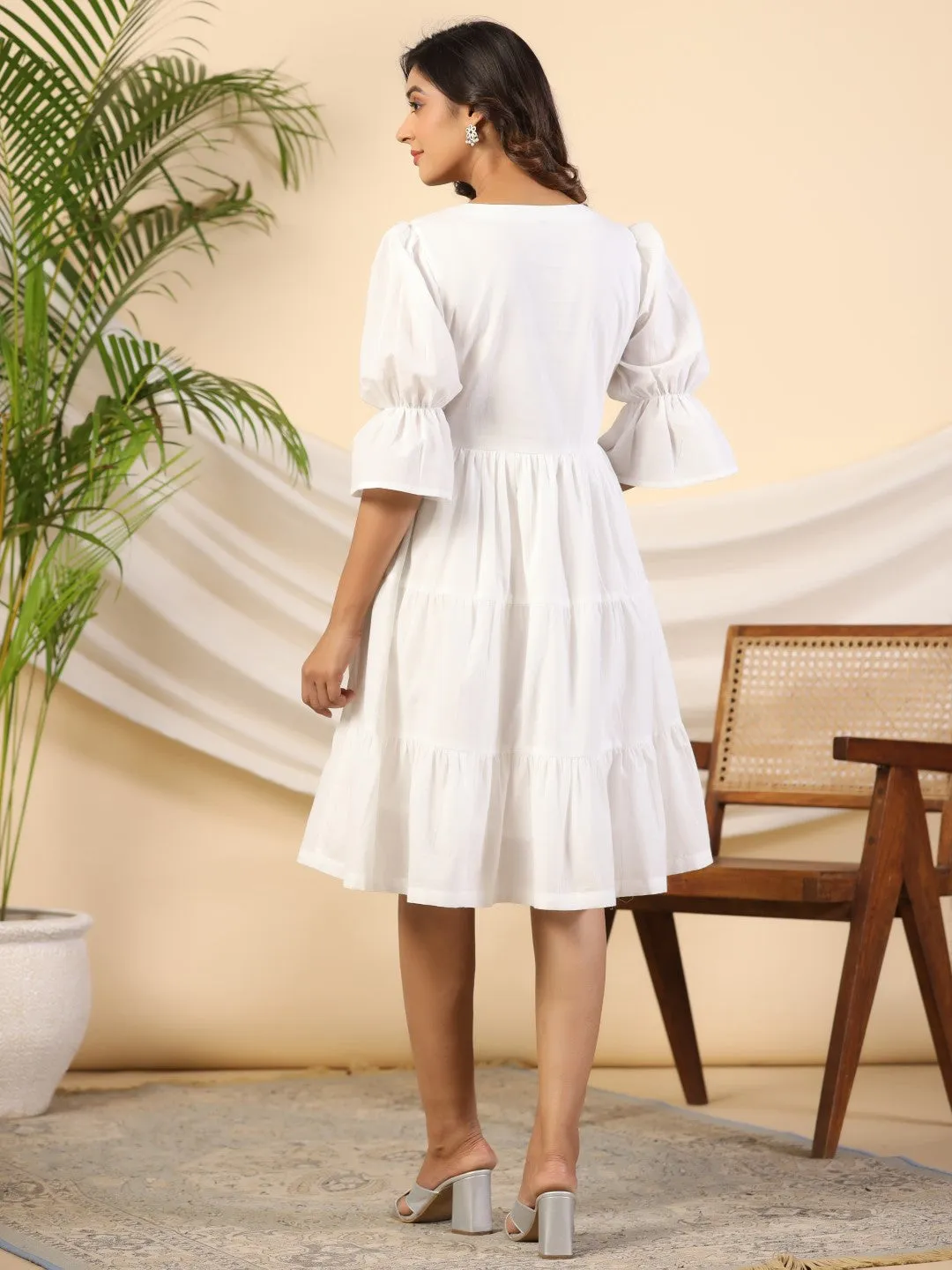 Jashvi White Pure Cotton Alia Cut Mirror Work Tiered Midi Dress With Lining