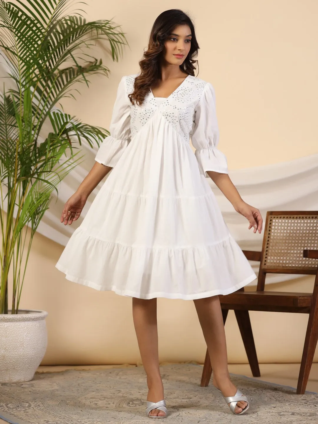 Jashvi White Pure Cotton Alia Cut Mirror Work Tiered Midi Dress With Lining