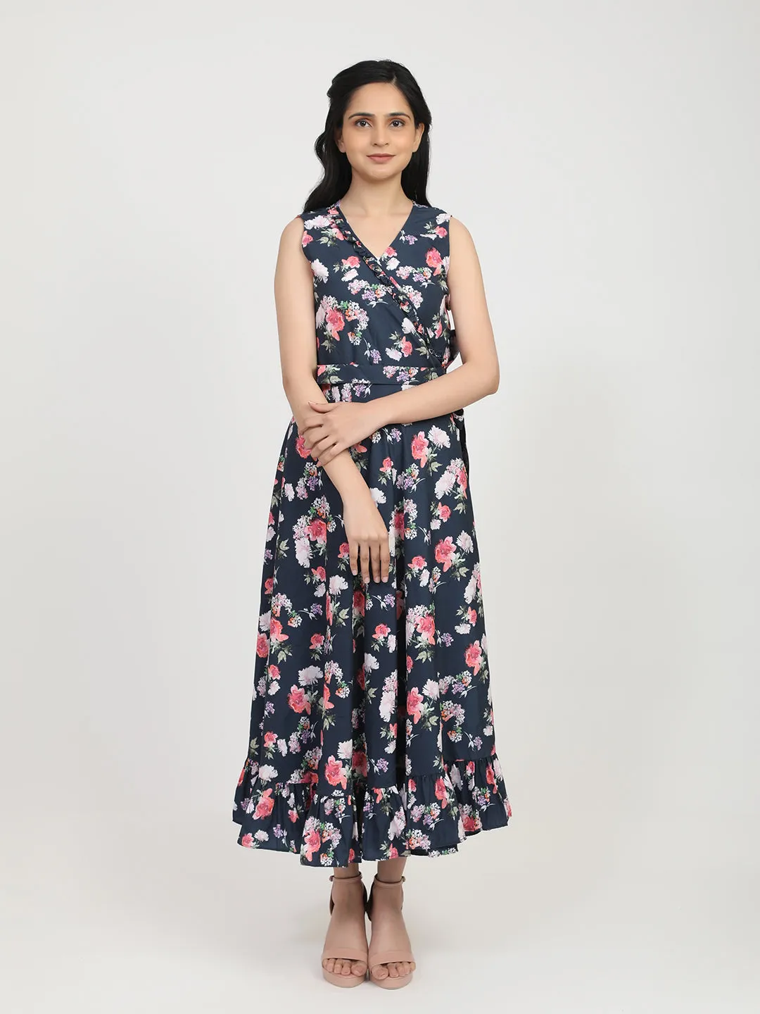 Jashvi Women Navy Blue Floral Crepe Maxi Dress