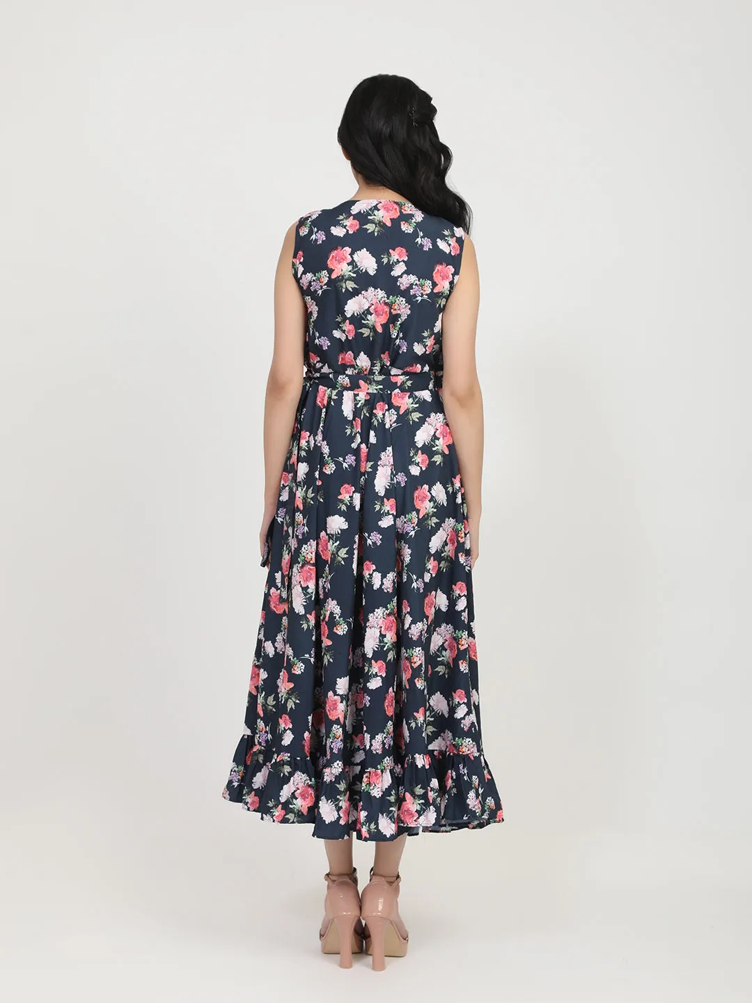 Jashvi Women Navy Blue Floral Crepe Maxi Dress