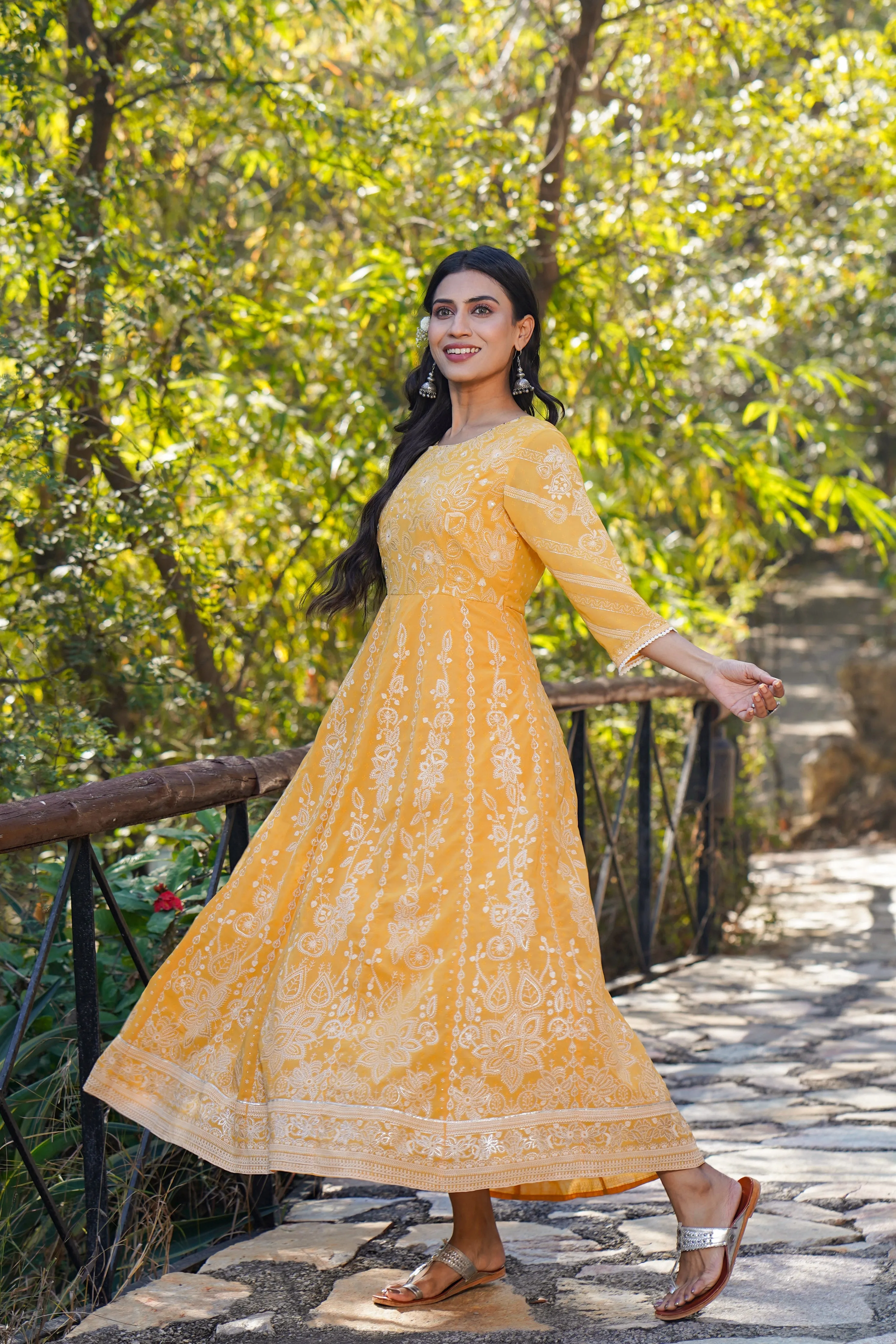 Jashvi Yellow Floral Printed Georgette Maxi Dress With Beads Kantha Work & Sequins At Neckline