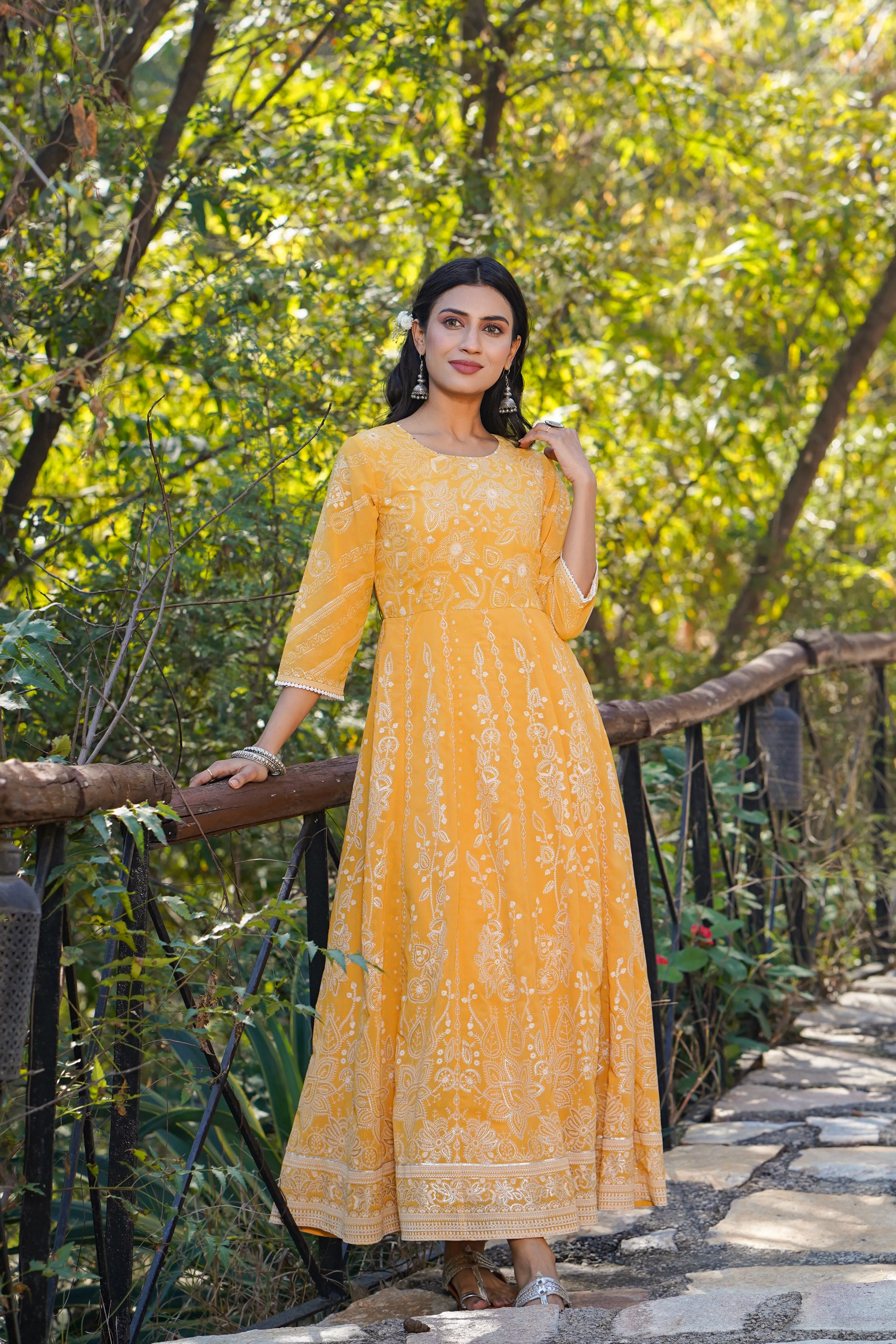 Jashvi Yellow Floral Printed Georgette Maxi Dress With Beads Kantha Work & Sequins At Neckline