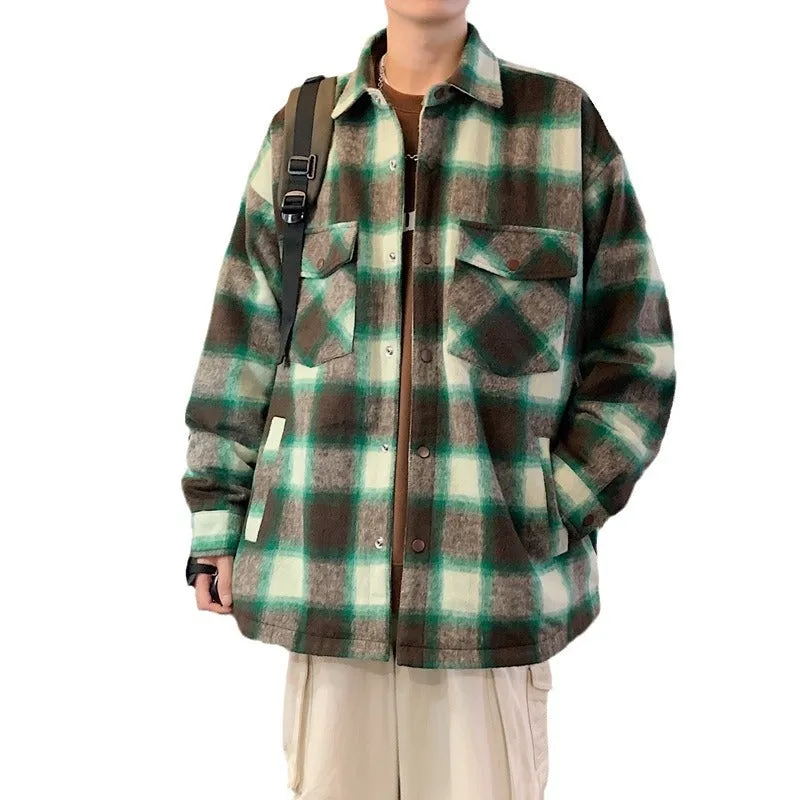 Jinquedai winter outfits men 2024 Couple's Autumn American Retro Woolen Plaid Shirt Brushed Casual Loose Jacket Jacket