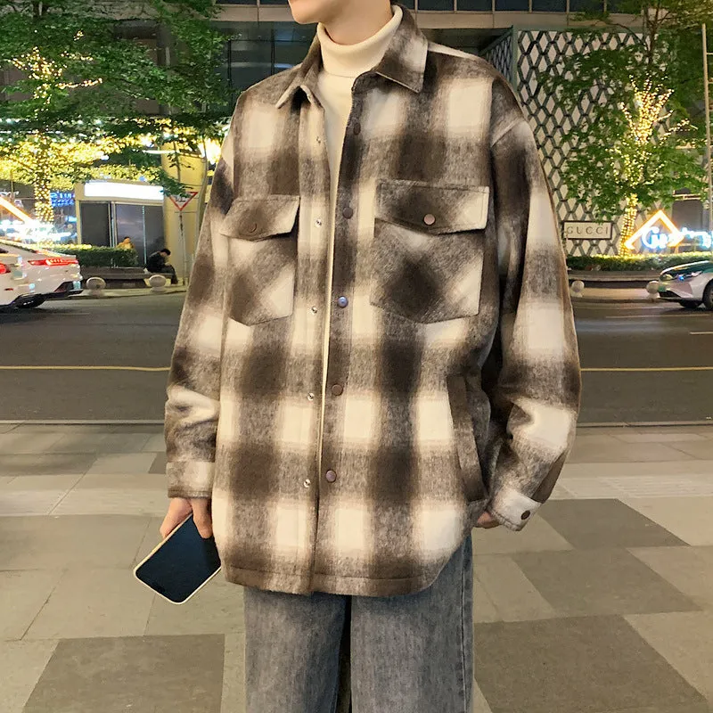 Jinquedai winter outfits men 2024 Couple's Autumn American Retro Woolen Plaid Shirt Brushed Casual Loose Jacket Jacket