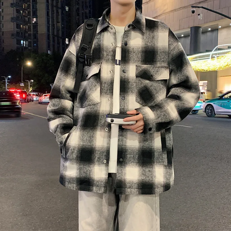 Jinquedai winter outfits men 2024 Couple's Autumn American Retro Woolen Plaid Shirt Brushed Casual Loose Jacket Jacket