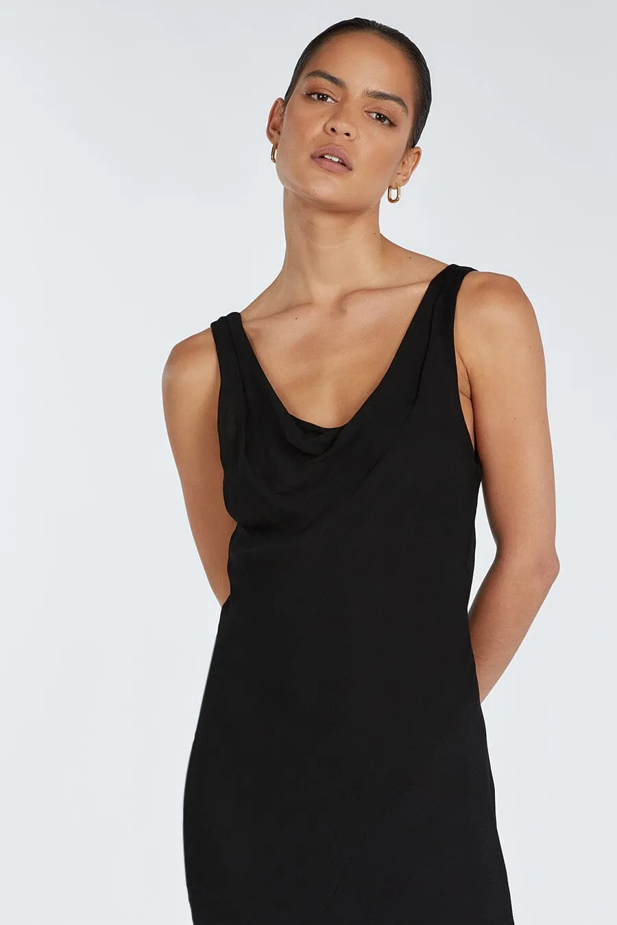 JOHNNY BLACK COWL NECK MIDI DRESS