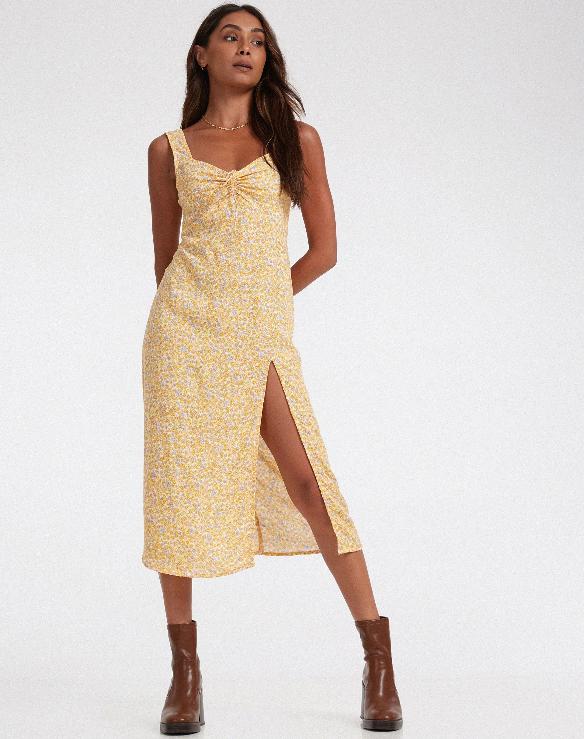 Jorie Midi Dress in Flower Garden Yellow