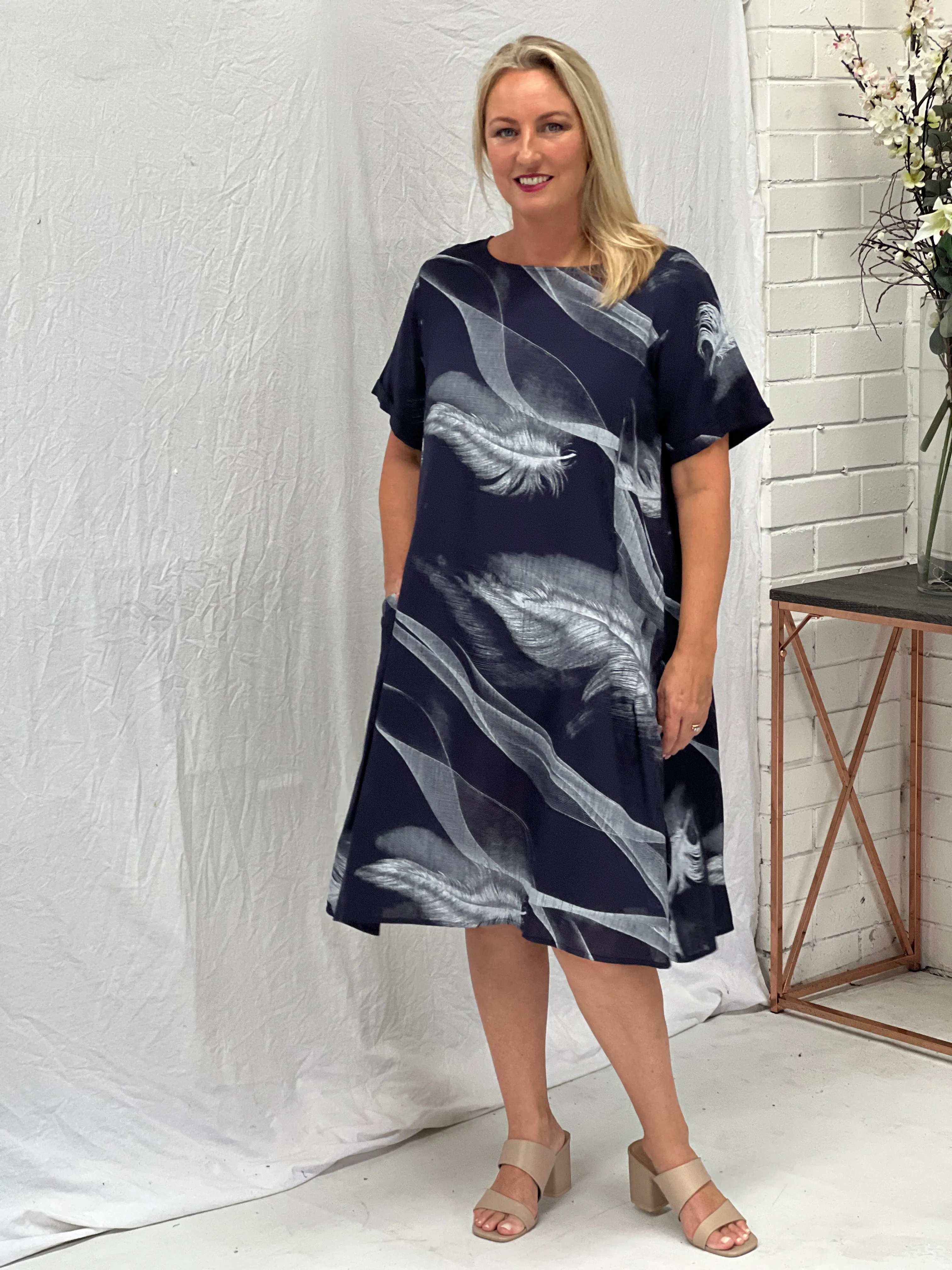 Joy Navy Feather Linen Dress