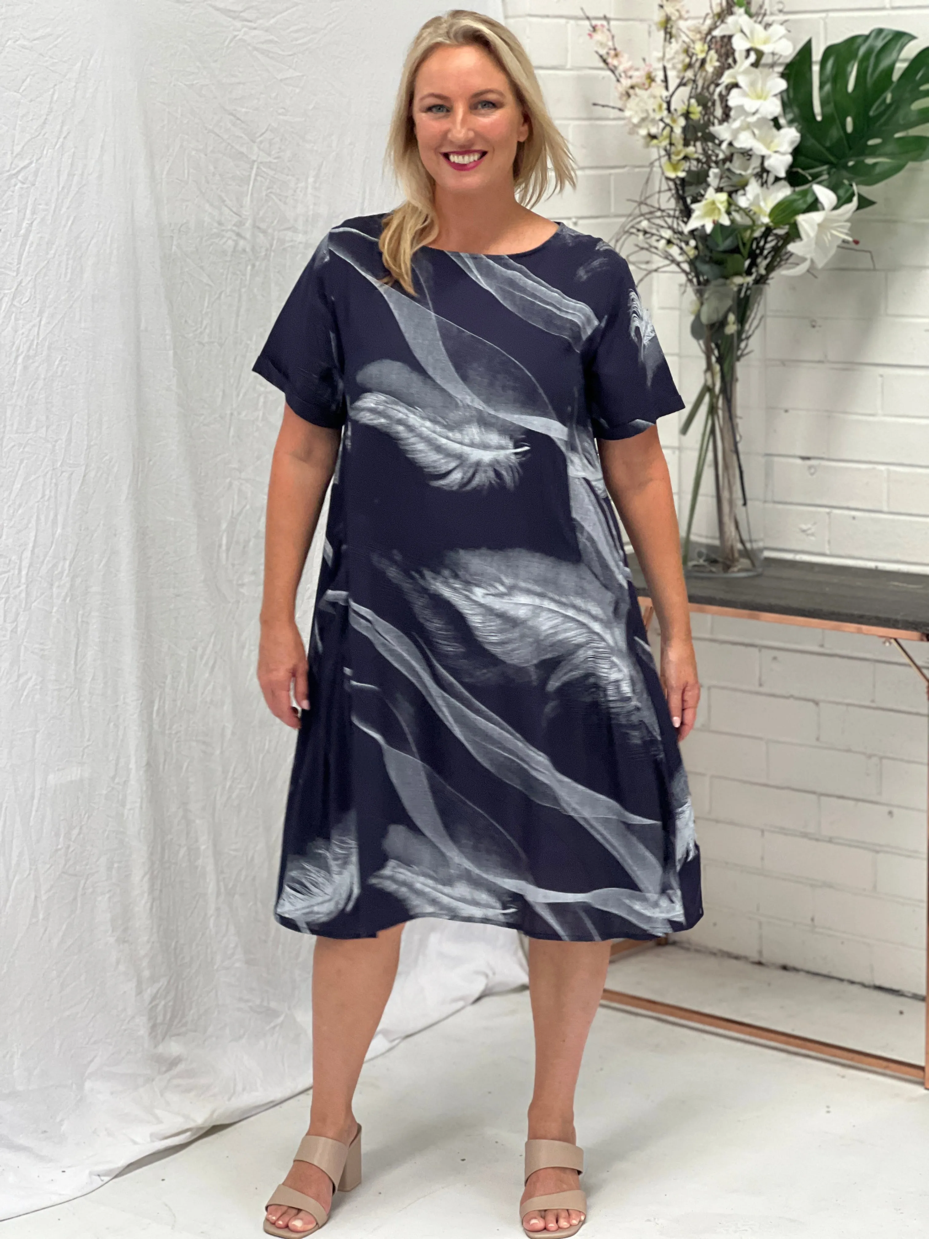 Joy Navy Feather Linen Dress