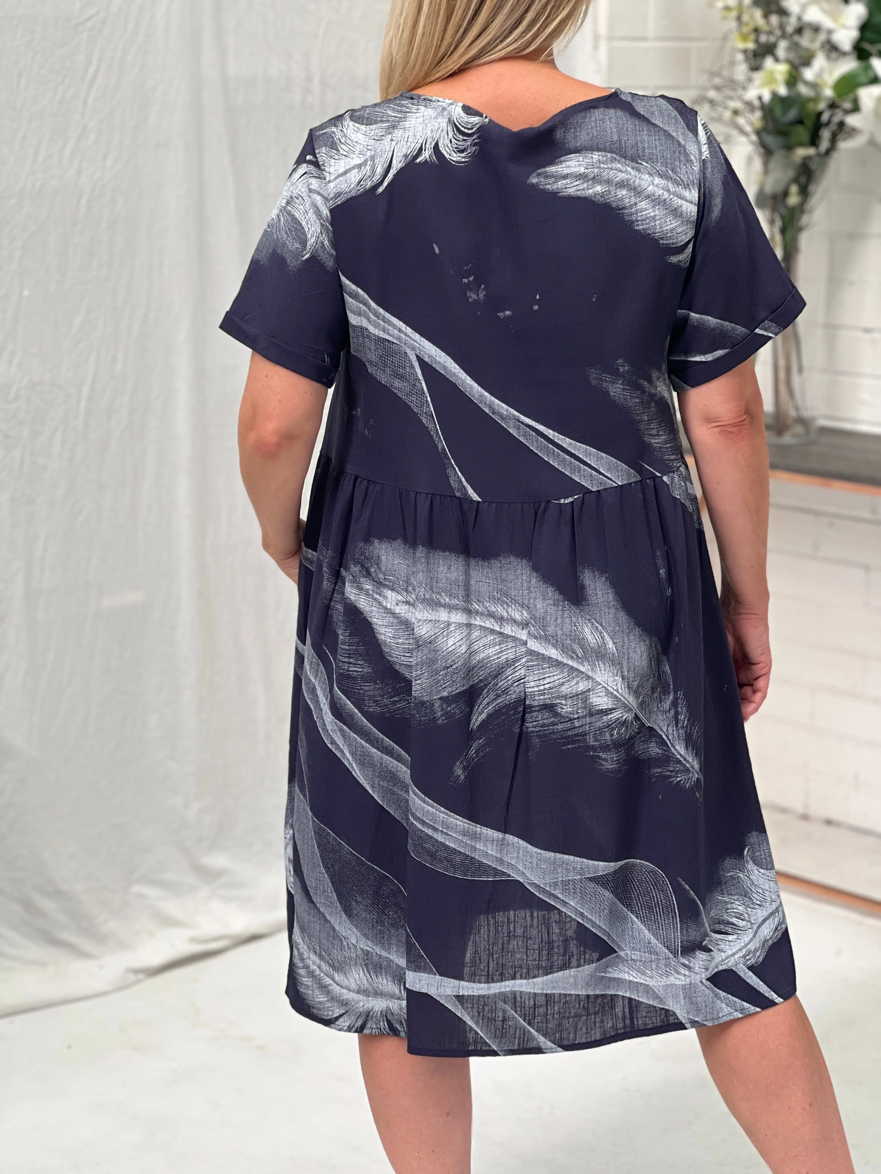 Joy Navy Feather Linen Dress