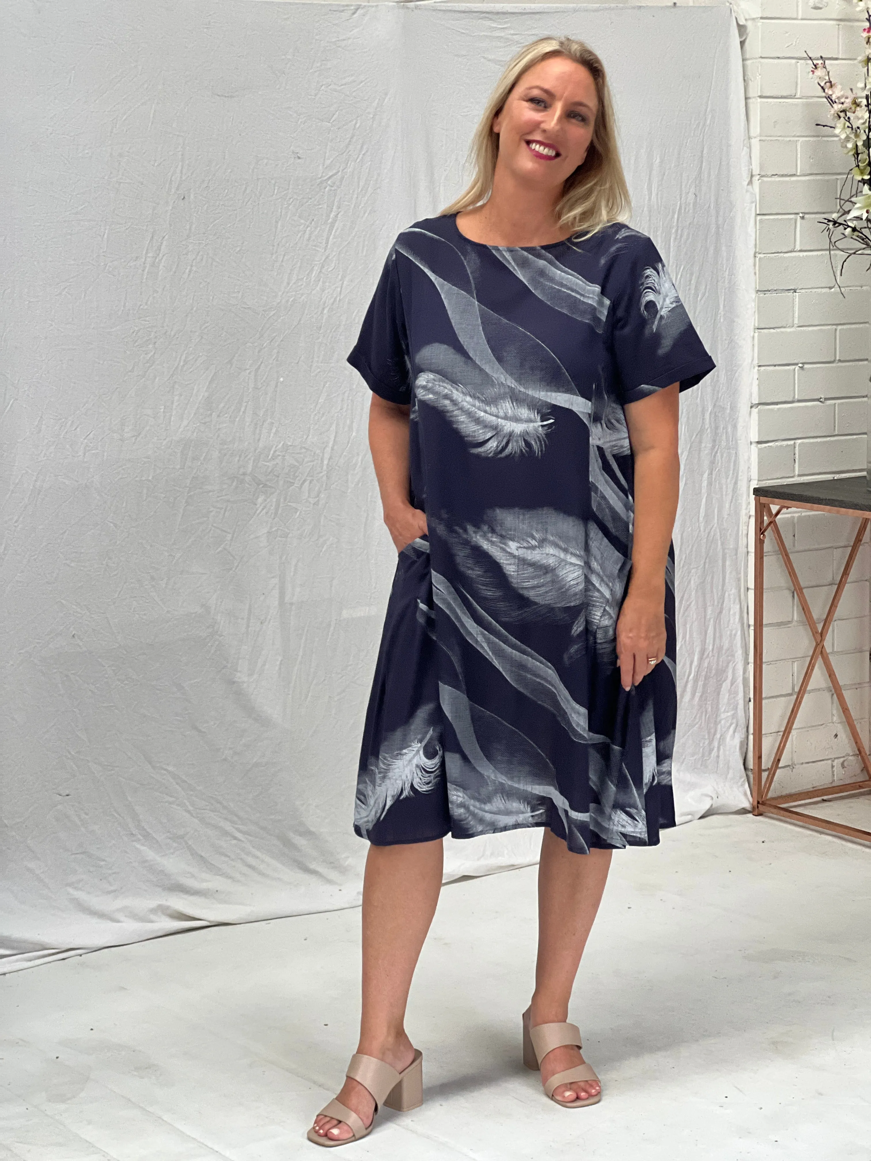 Joy Navy Feather Linen Dress