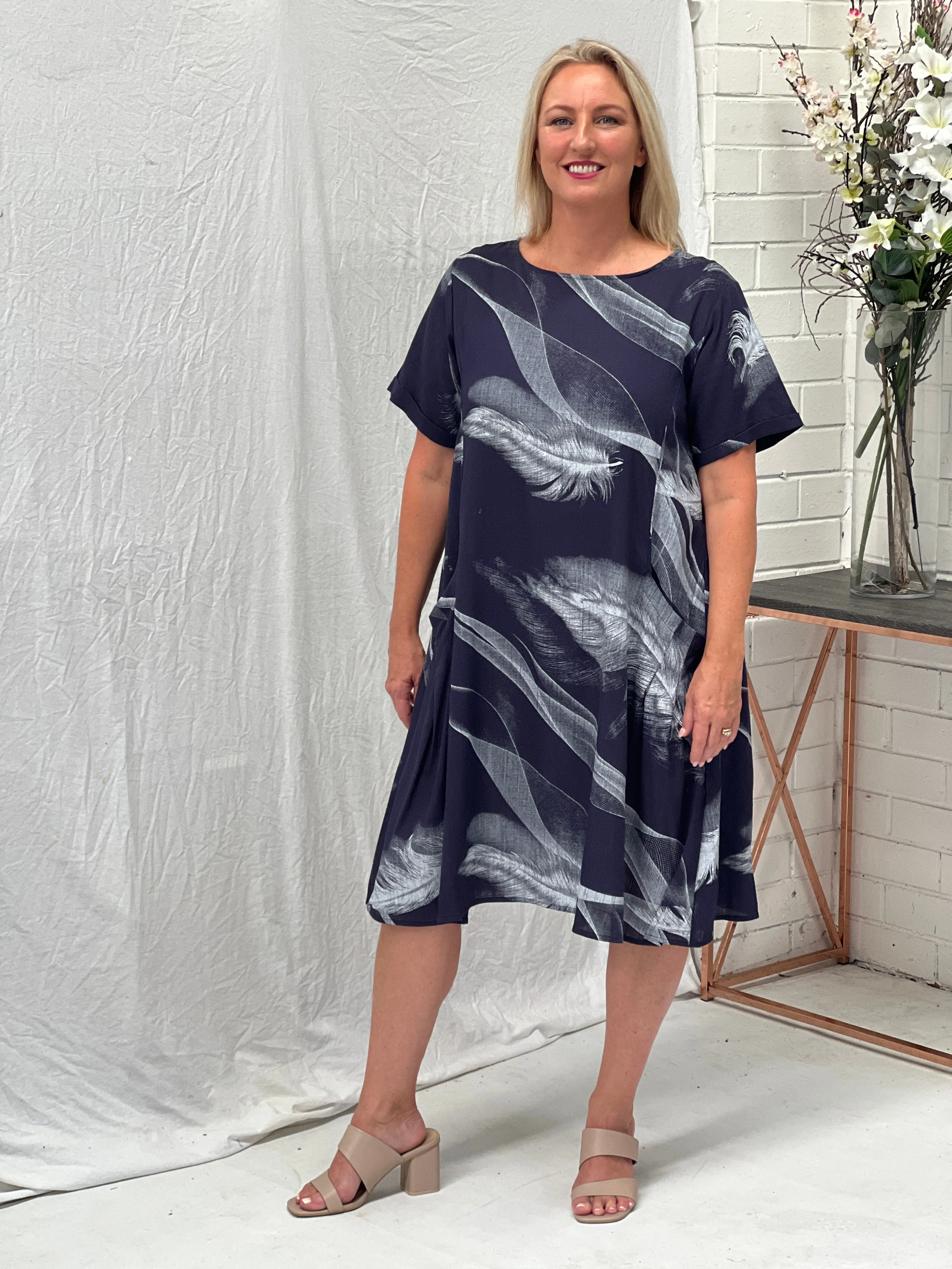 Joy Navy Feather Linen Dress