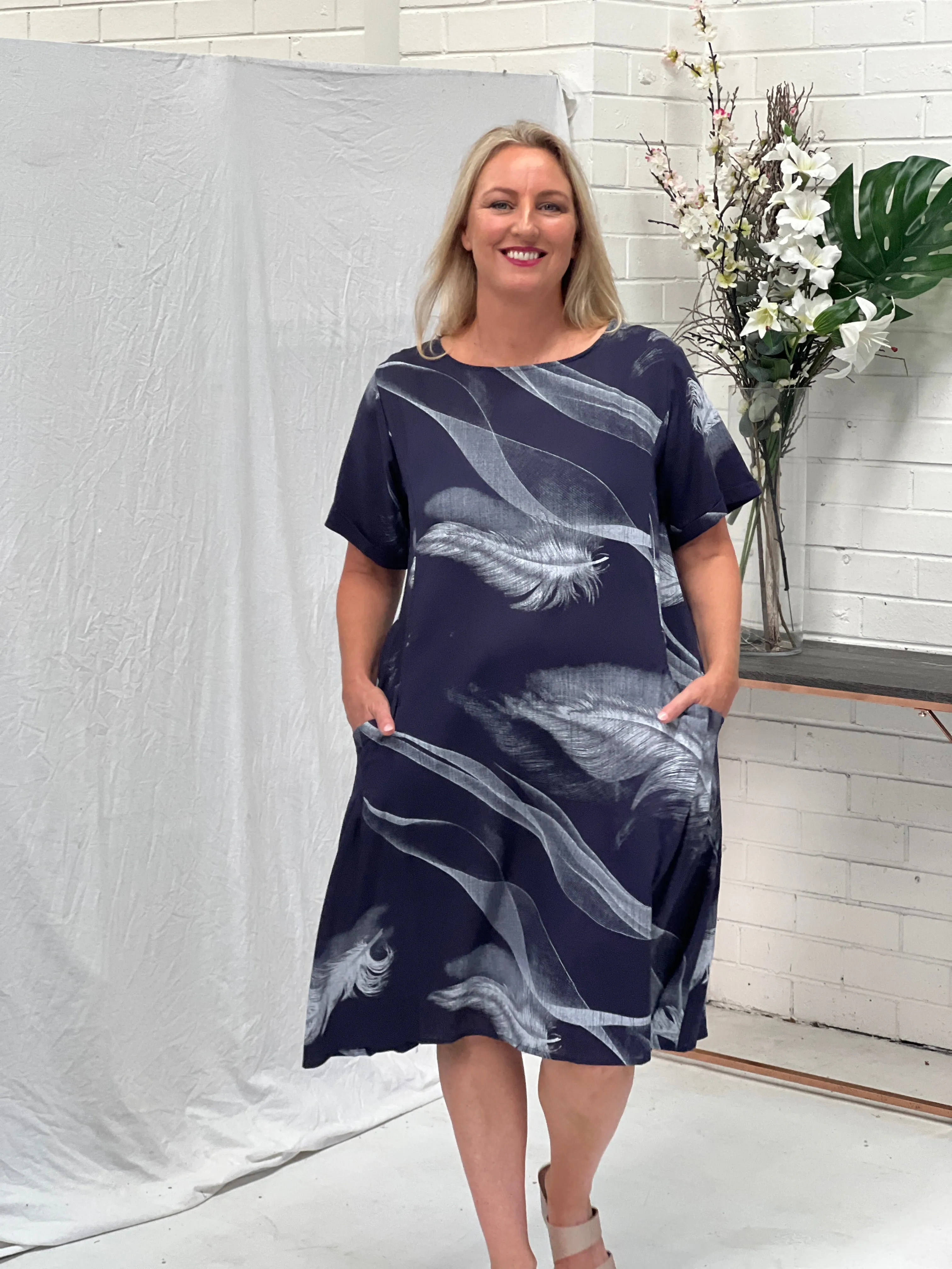 Joy Navy Feather Linen Dress