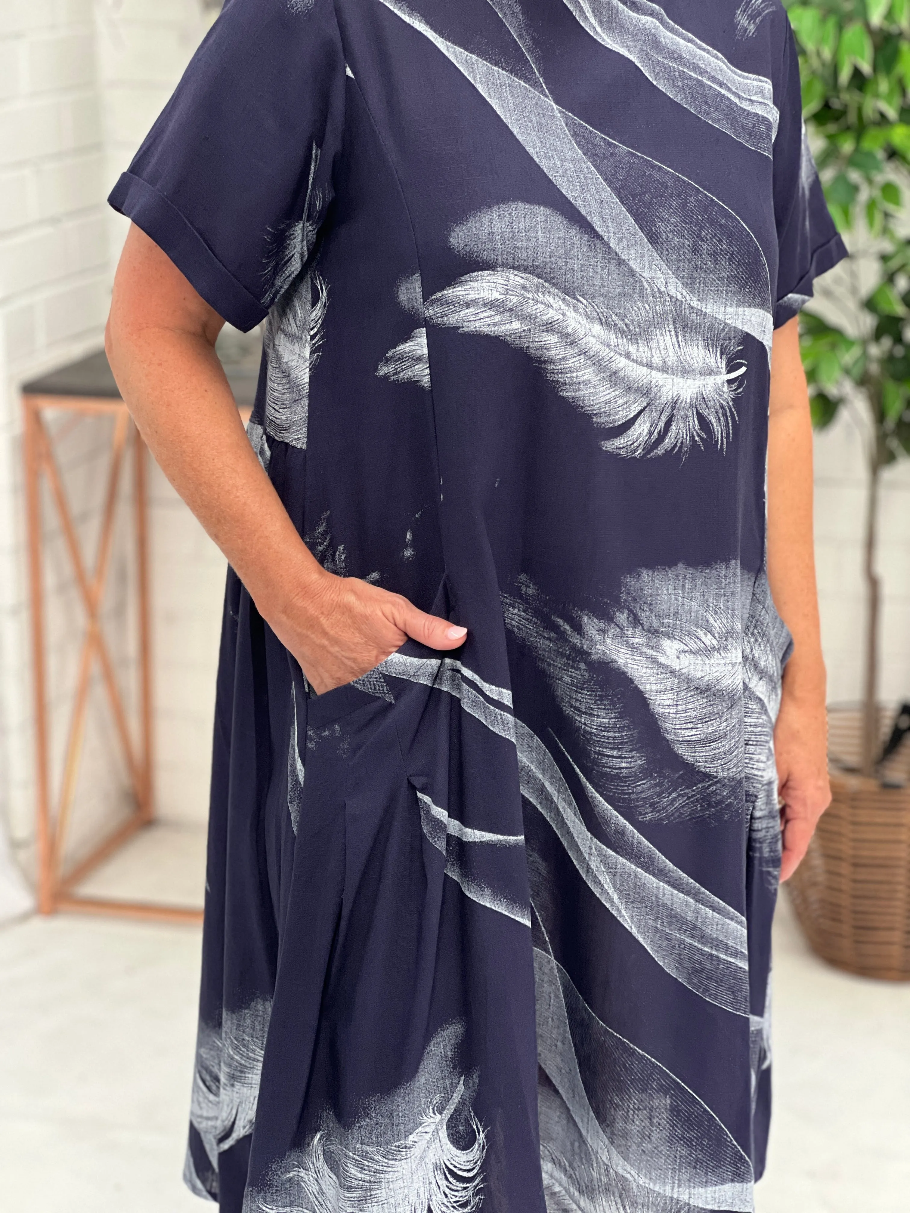 Joy Navy Feather Linen Dress