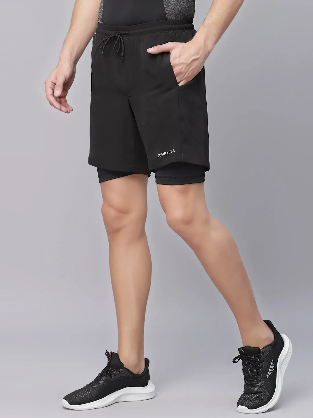 JUMP USA Men Black Layered Comfort-Fit Active Sports Shorts