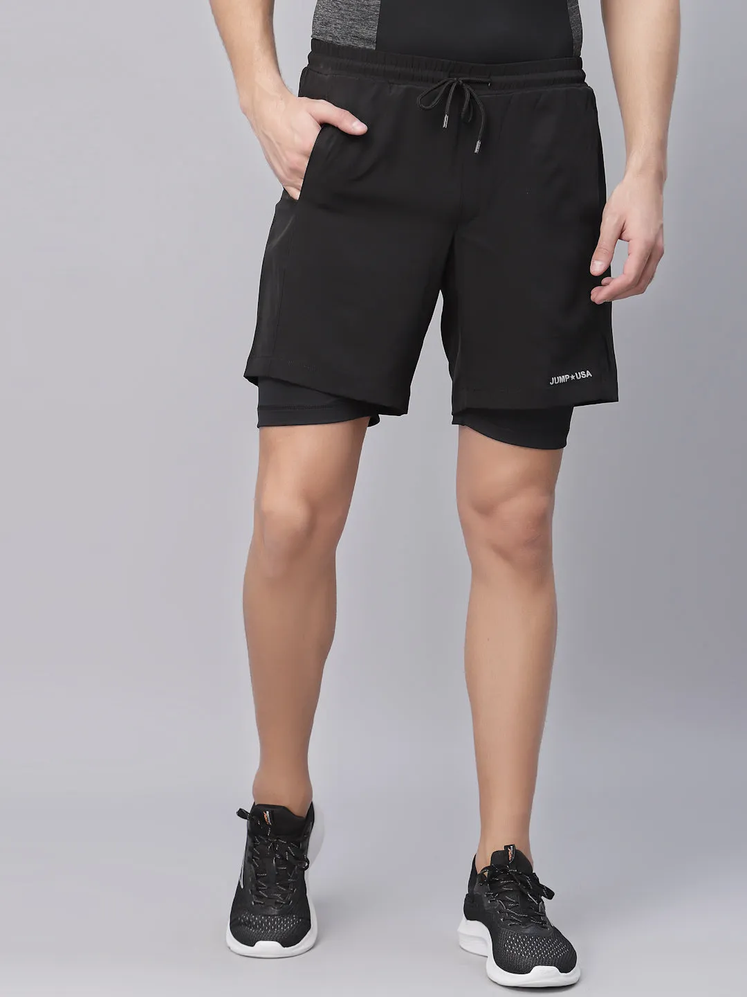 JUMP USA Men Black Layered Comfort-Fit Active Sports Shorts