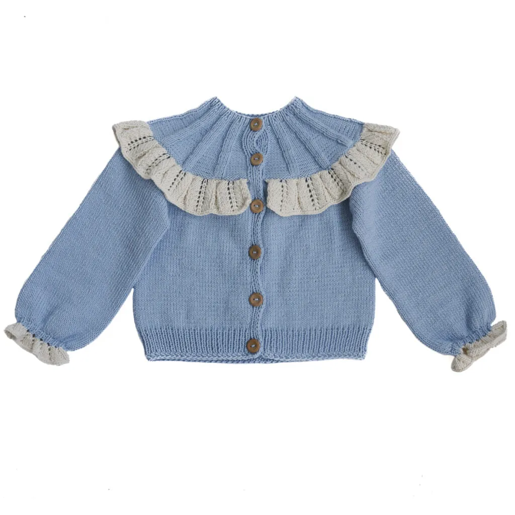 KALINKA Blue Knitted Baby Cardigan with Ruffle Trim