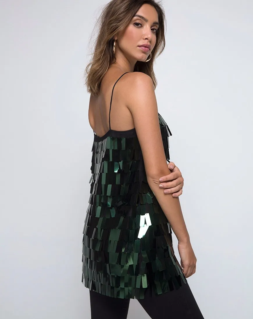 Keke Long Top in Dangle Sequin Forest Green