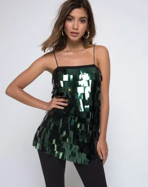 Keke Long Top in Dangle Sequin Forest Green