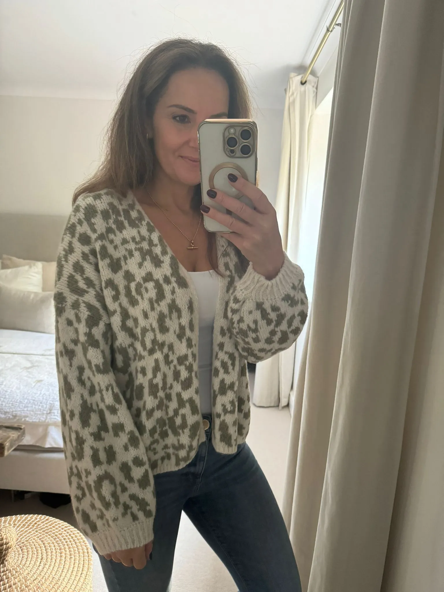 Khaki/Cream Leopard Print Knit Cardigan