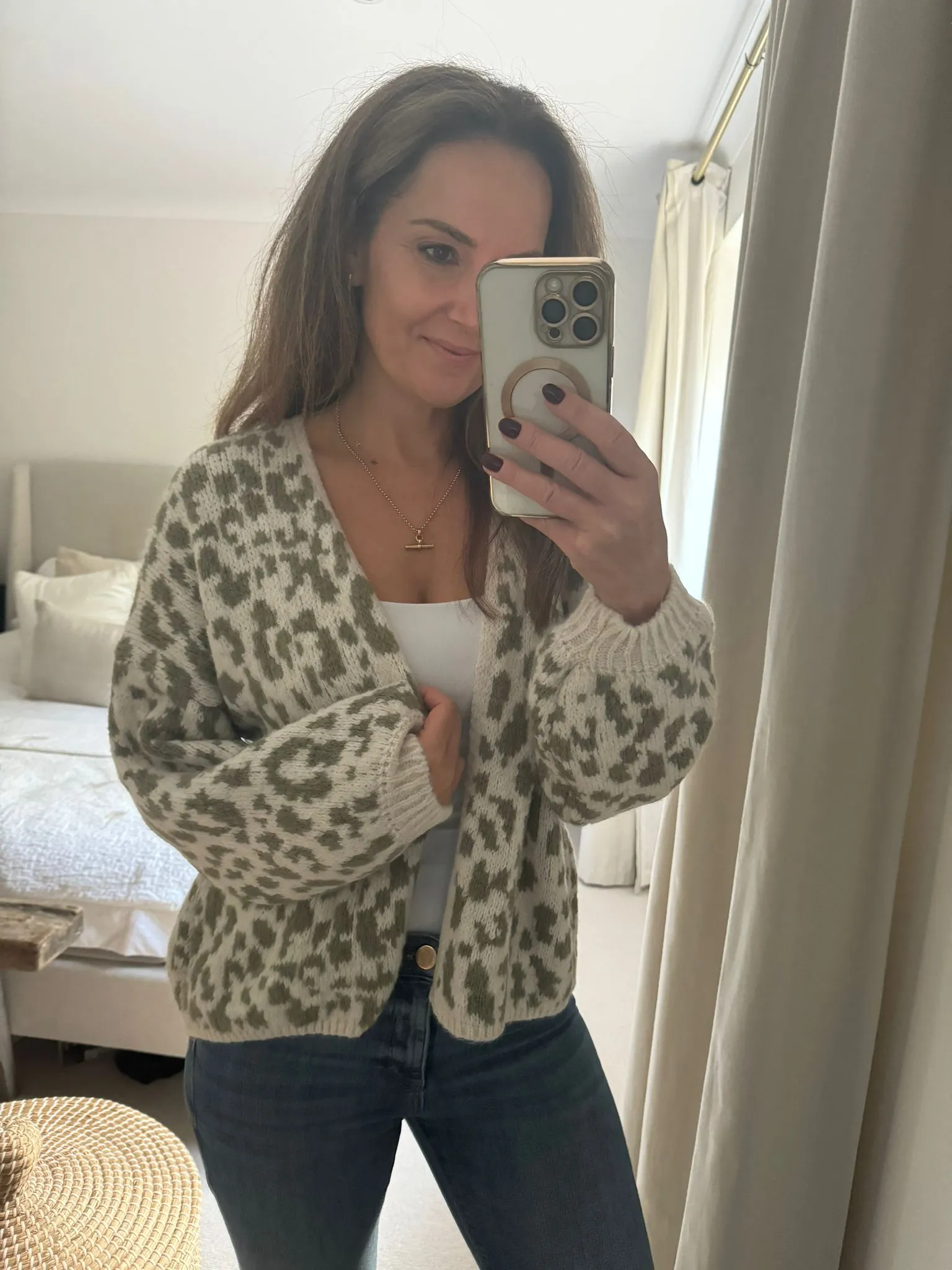 Khaki/Cream Leopard Print Knit Cardigan