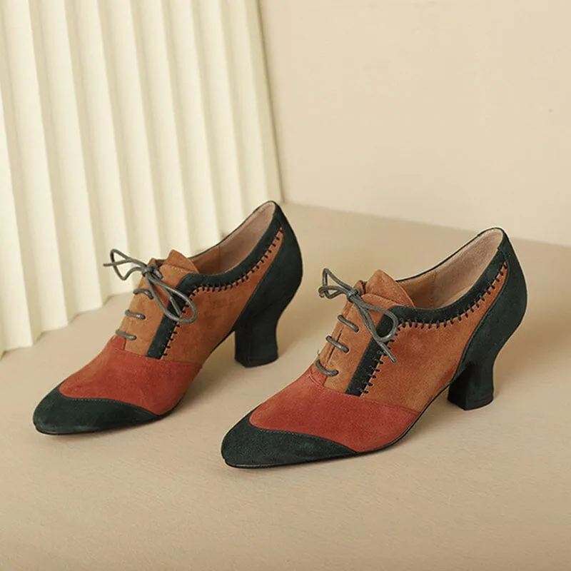 Kitty Heel Suede Leather Oxfords & Tie Shoes For Women Normal Fit in Color Blocking