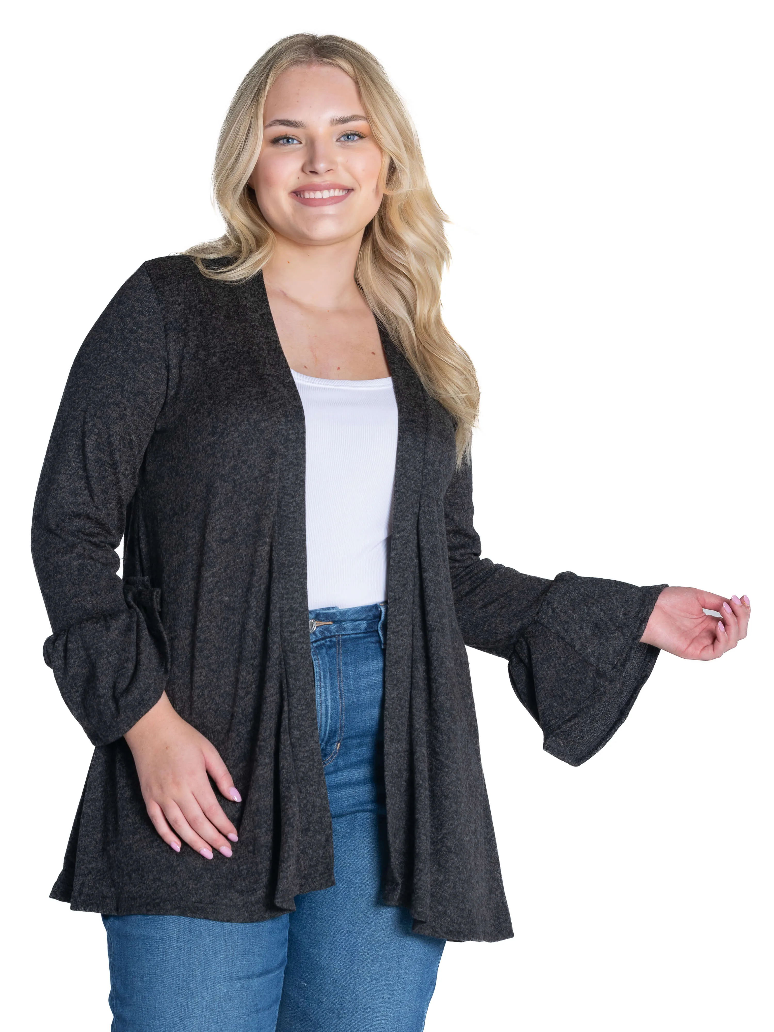 Knit Bell Sleeve Plus Size Open Cardigan