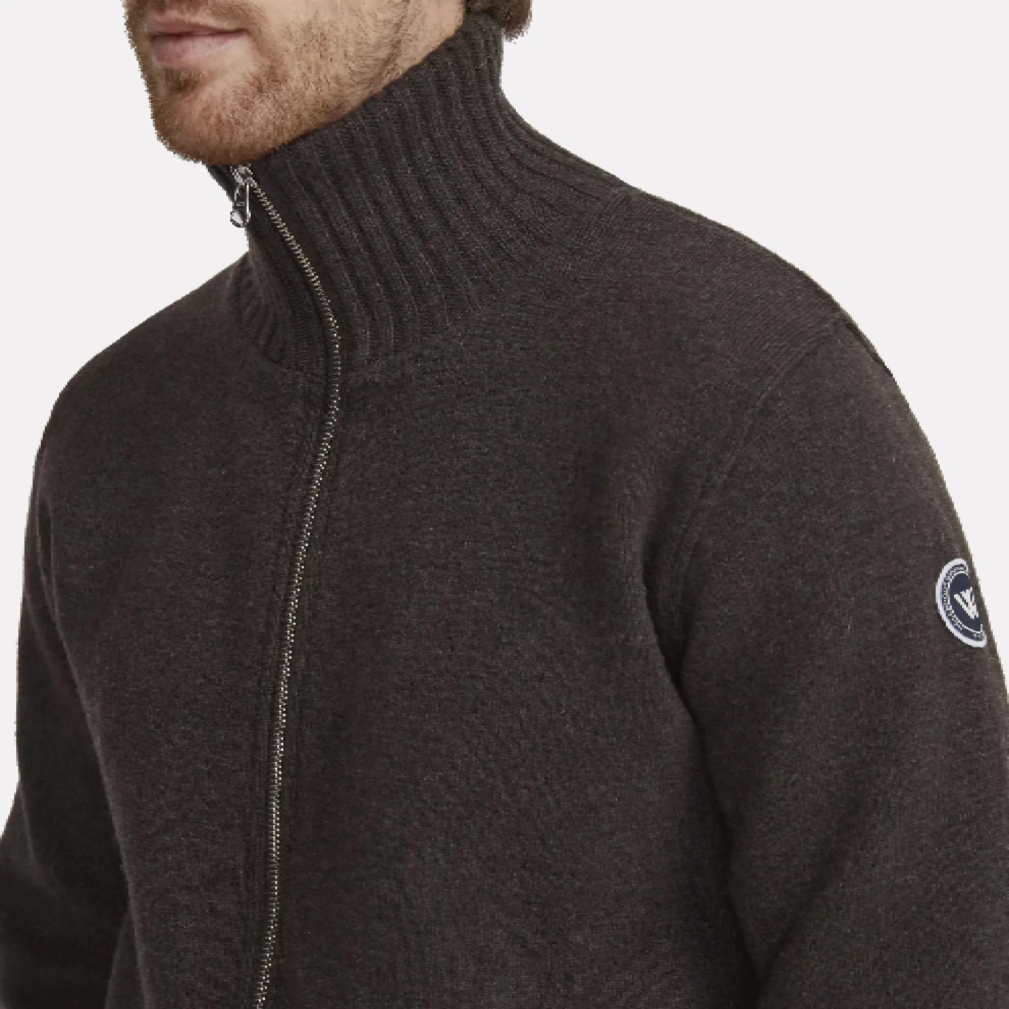 Knitted Windproof Full-Zip Cardigan in a Wool Blend / Brown Melange