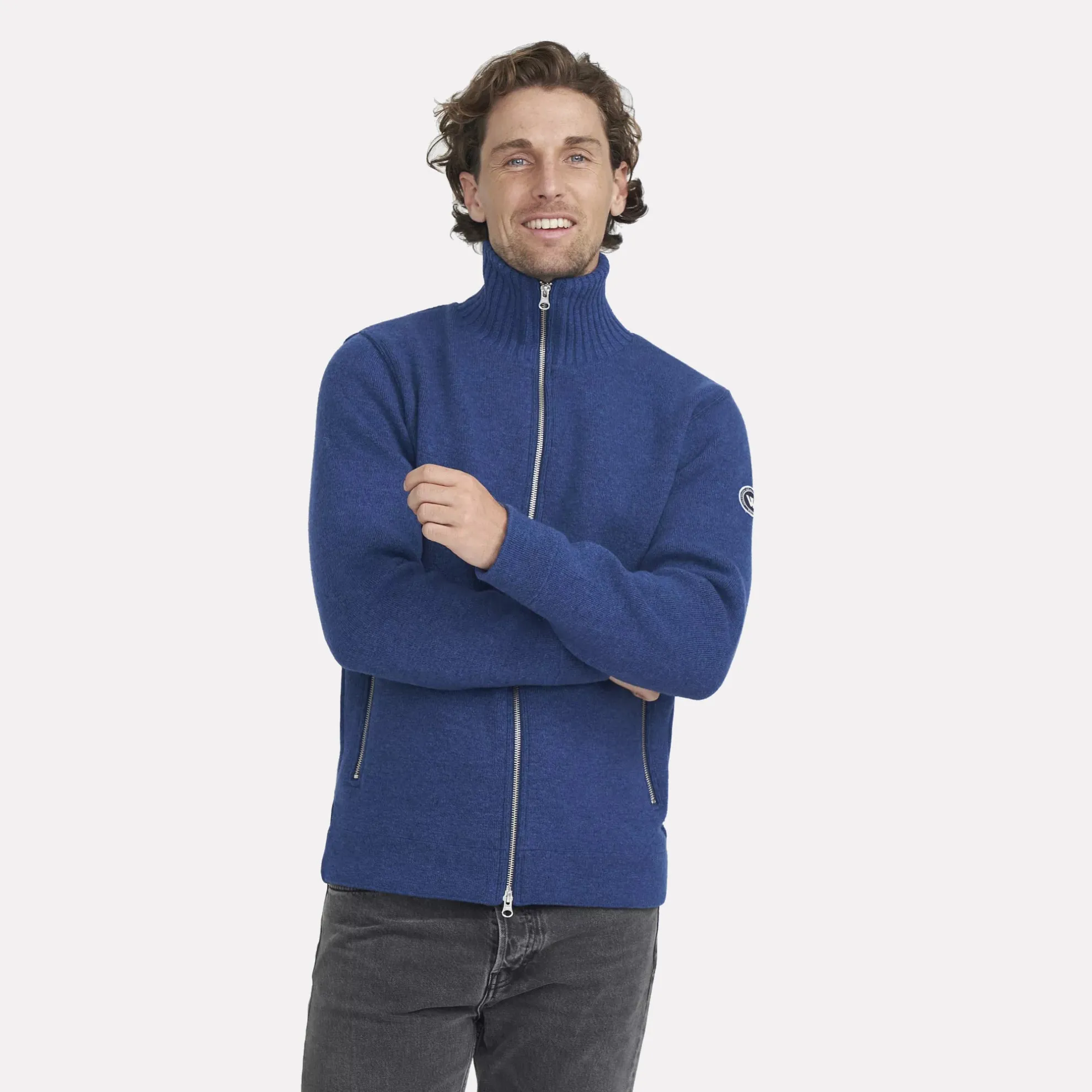 Knitted Windproof Full-Zip Cardigan in a Wool Blend / Dark Royal