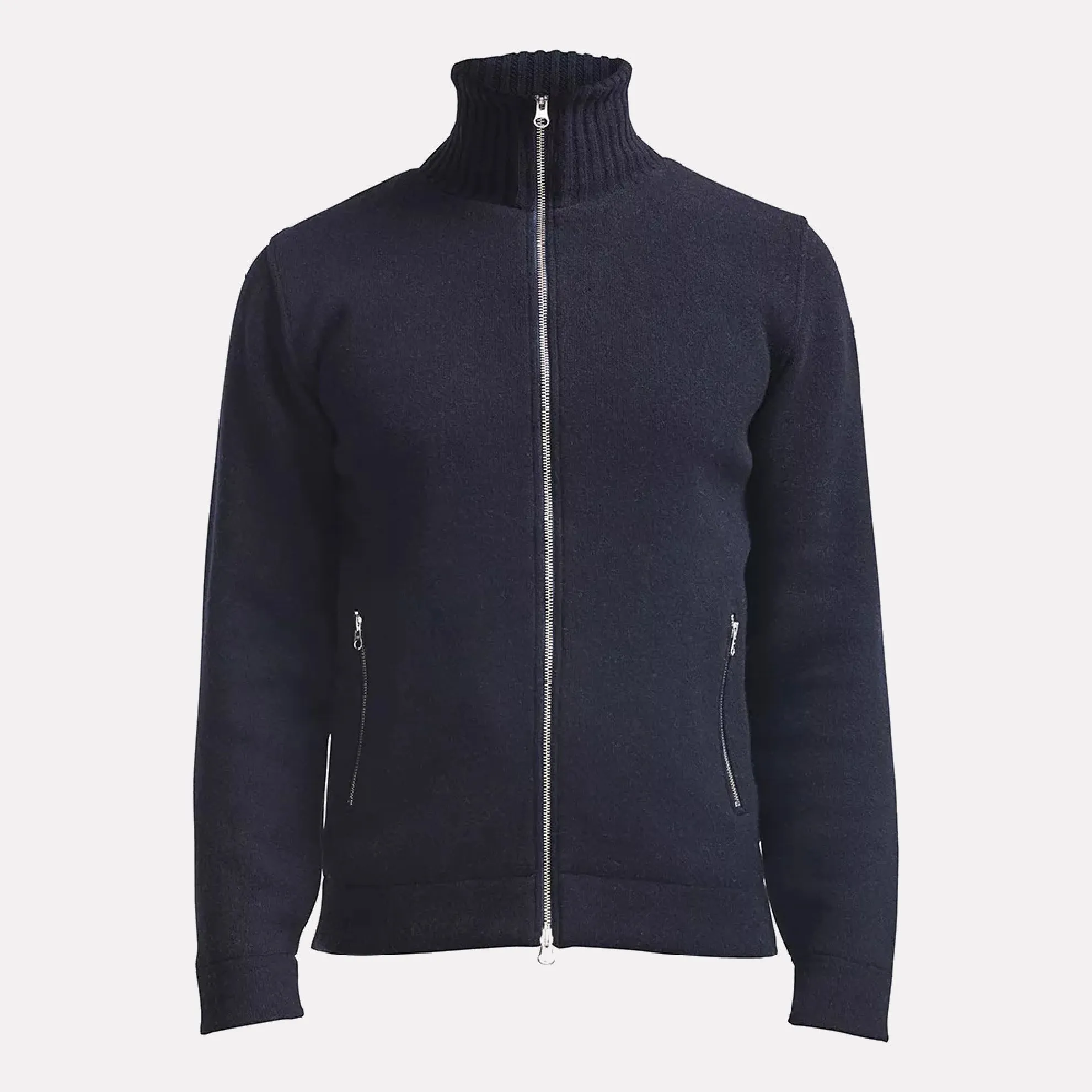 Knitted Windproof Full-Zip Cardigan in a Wool Blend / Navy